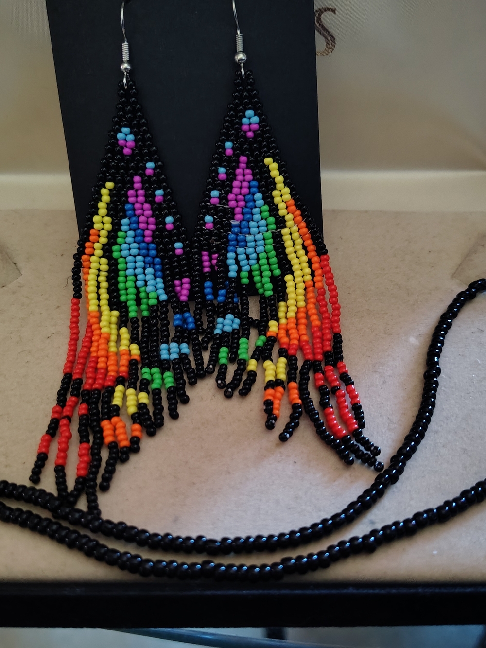 ✨ NEW Handmade Beaded Fringe Earring & Necklace Set - Rainbow Statement Jewelry